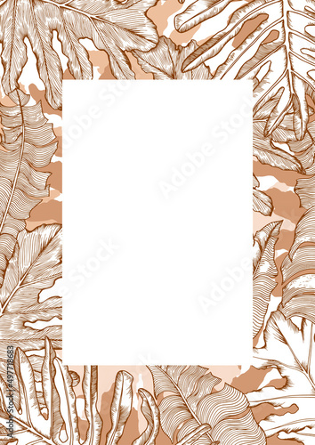 Card template with decorative tropical palm leaves. Hand drawn vector illustration.