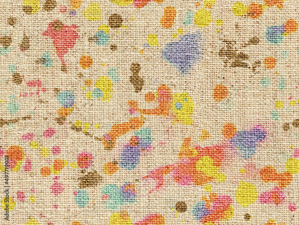 Abstract Colorful Paint Splashes on Realistic Burlap Sack Texture Seamless Pattern Linen Look Natural Surface Perfect for Interior Designs