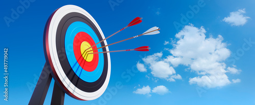 Achieve goals - dart board with arrows in the midday sun