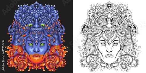 barong mask with balinese girl vector illustration
