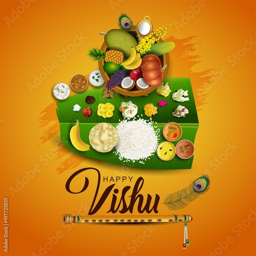 Kerala festival Happy Vishu background with traditional food  served on banana leaf. Vector illustration design.