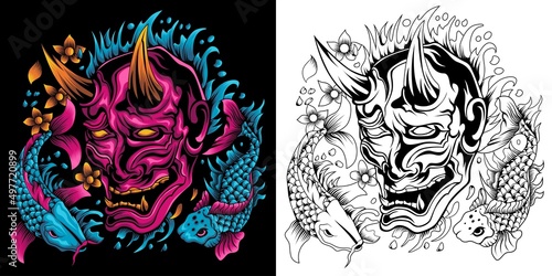 oni mask with koi fish vector illustration