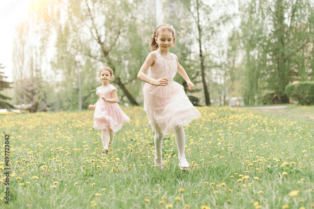 two little sisters are playing on the lawn with dandelions. two little sisters are playing on the lawn with dandelions.