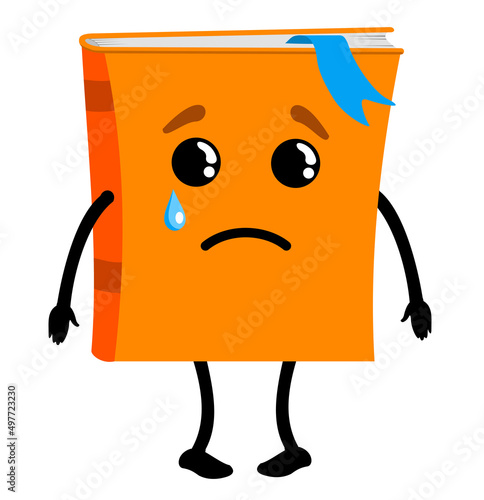 Cute cry sad book. Crying textbook. Vector flat cartoon character illustration icon design.Isolated on white background. Book, education concept. Vector illustration isolated on white background