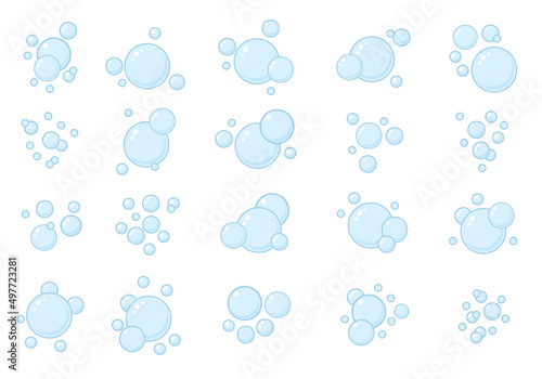 Blue flat air bubbles. Soap bubbles, outline water boiling icons, foam circles effervescent compositions, cleaning signs. Cleaning detergent, shower gel or shampoo. Vector set isolated on white