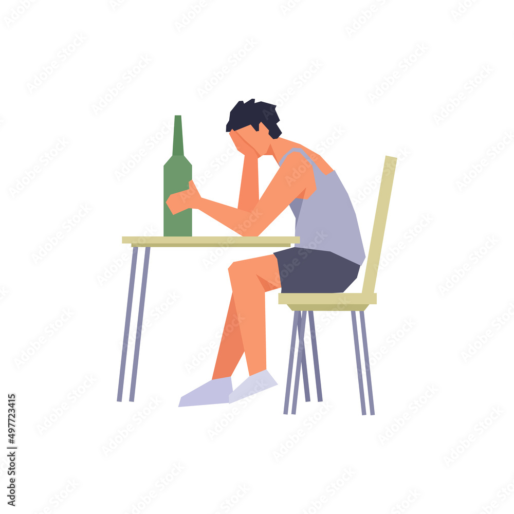 Depressed drunk man drinking alcohol liquor simple flat vector character illustration.