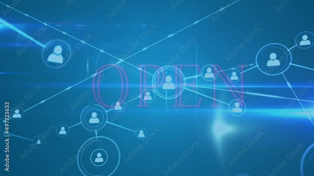 Animation of open text with statistics over network of connections with people icons Animation of open text with statistics over network of connections with people icons