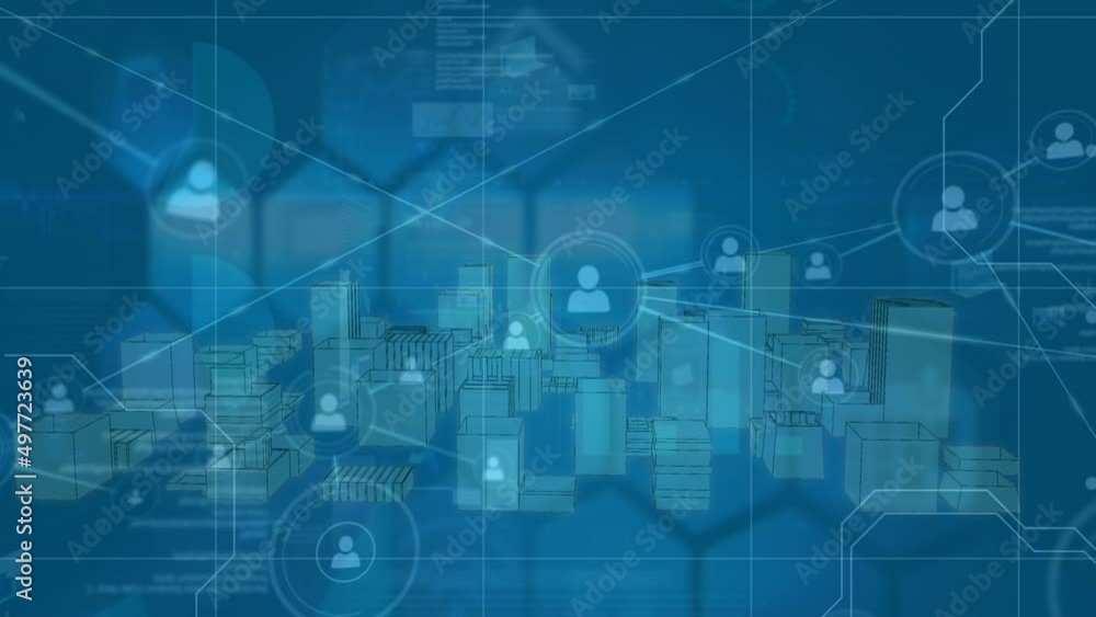 Animation of network of connections with people icons over 3d cityscape spinning Animation of network of connections with people icons over 3d cityscape spinning