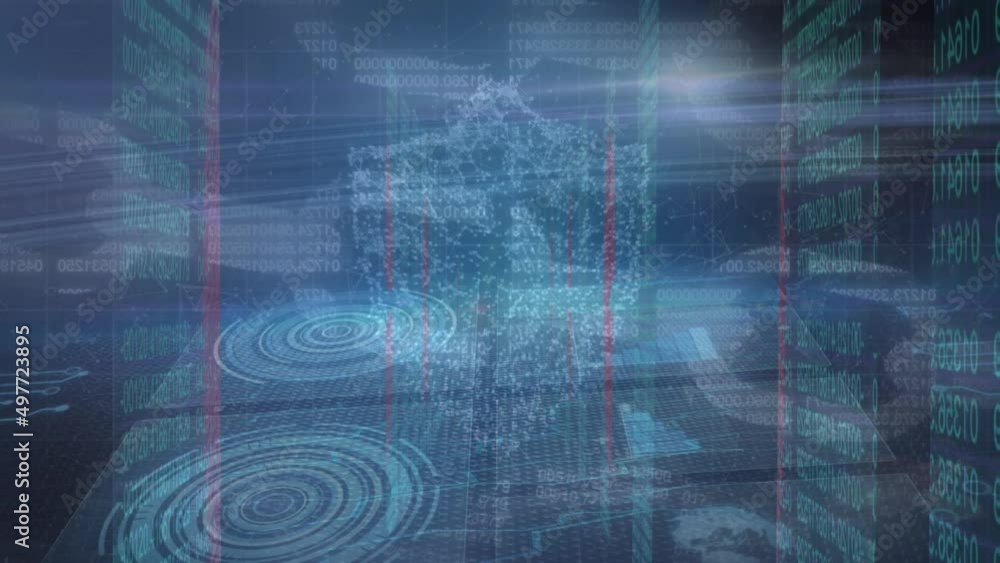Animation of data, block chain and digital padlock on blue and lack background Animation of data, block chain and digital padlock on blue and lack background