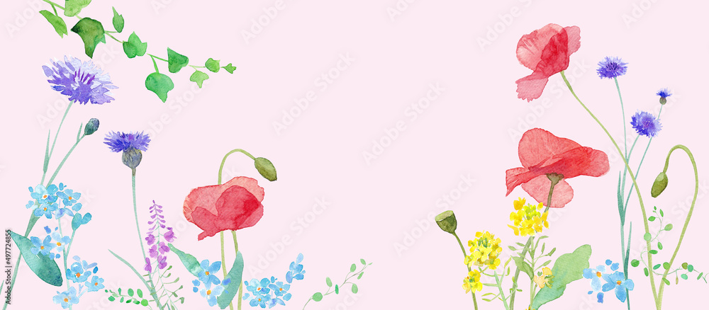 色々な花が咲き乱れる 春の野原の水彩イラスト フレーム装飾 Stock Illustration Adobe Stock