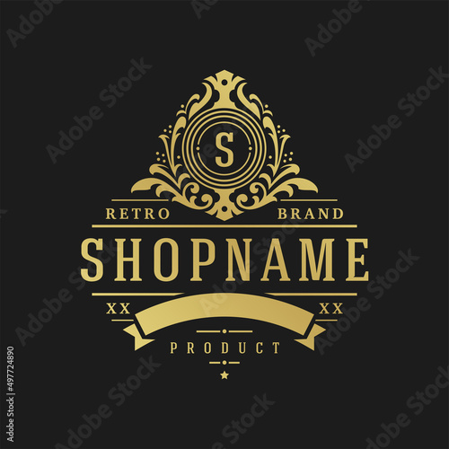 Luxury logo design template vector illustration. Victorian vignettes ornament shapes for logotype or badge design. Good for fashion boutique, alcohol or restaurant branding.