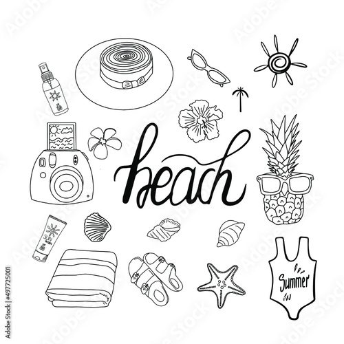 Summer beach doodle set with pineapple, hat, camera, flowers