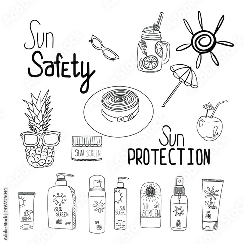 summer sun protection and safety set with sunscreen, hat, sunglasses, cream, lotion, face sun cream