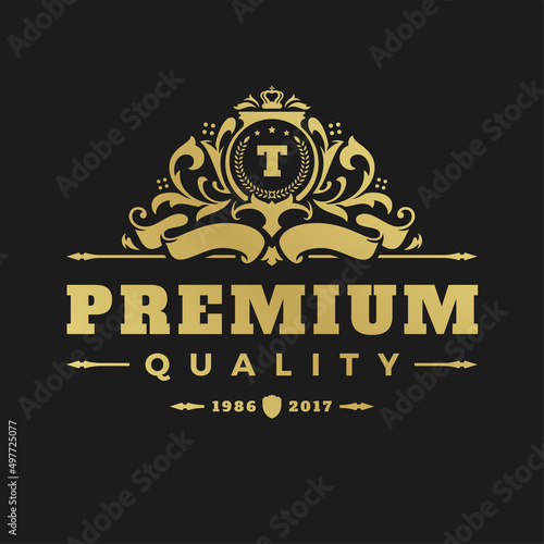 Luxury logo design template vector illustration. Victorian vignettes ornament shapes for logotype or badge design. Good for fashion boutique, alcohol or restaurant branding.