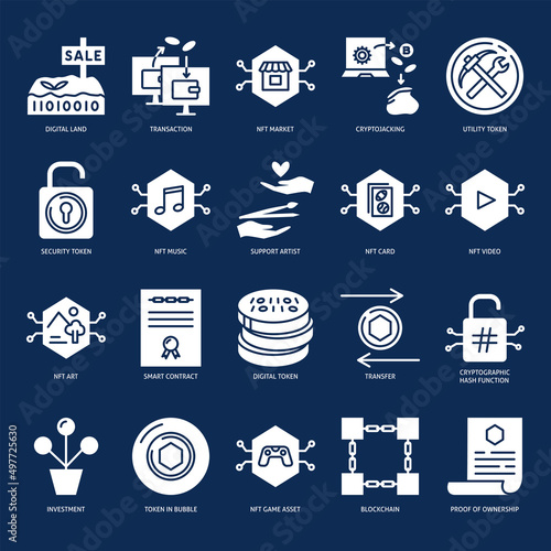 NFT technology icon set in flat style