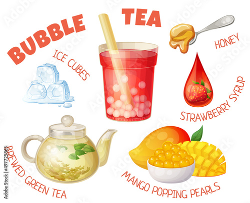 Cartoon illustration with bubble tea ingredients isolated on white background. Vector icons set of boba tea glass, strawberry syrup drop, melting ice cube, brewed green tea, mango fruit popping pearls