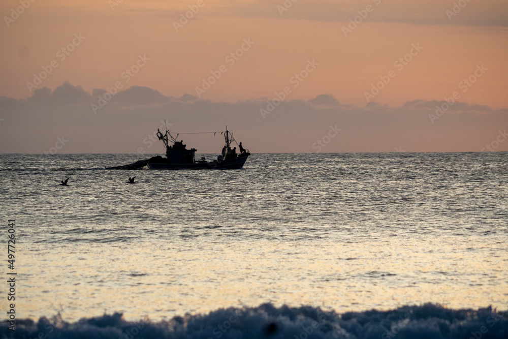 birds, seagulls and fishing boat in front of the orange sunset in front of the beach