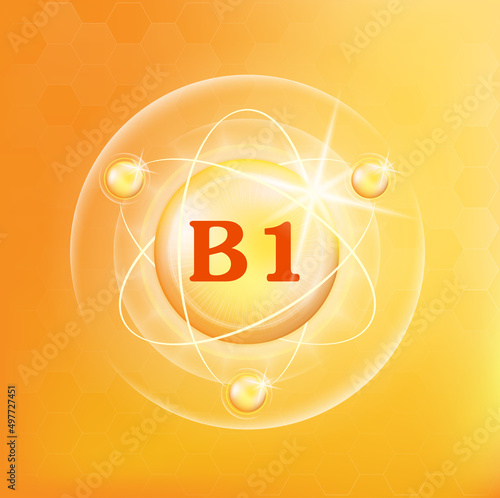 Vitamin B1 icon structure. Golden substance 3D Vitamin complex with chemical formula. Personal care, beauty concept. Medicine health symbol of thiamine. Natural chemical A vitamin. Vector Illustration