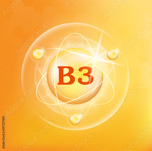 Vitamin B3 icon structure. Golden substance. 3D Vitamin complex with chemical formula. Personal care, beauty concept. Medicine health symbol of thiamine. Natural chemical A vitamin Vector Illustration