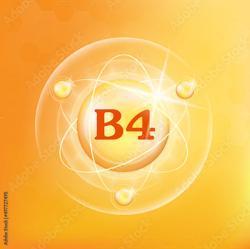 Vitamin B4 icon structure. Golden substance. 3D Vitamin complex with chemical formula. Personal care, beauty concept. Medicine health symbol of thiamine. Natural chemical  vitamin. Vector Illustration