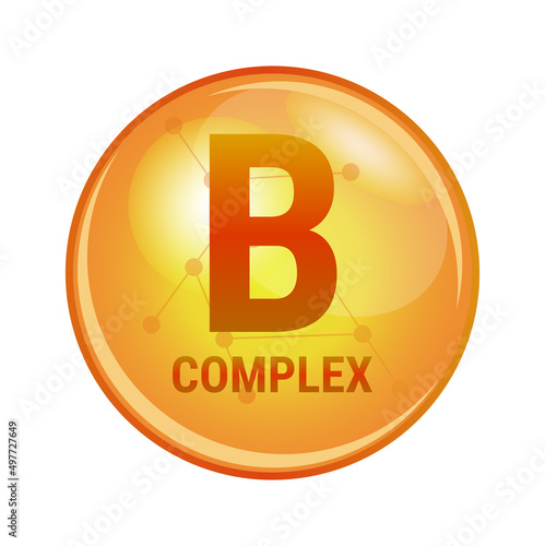 Illustration of vitamin B complex capsule. Vector icon for health and prevention. Gold orange shining pill isolated on a white background. Dietary supplement.