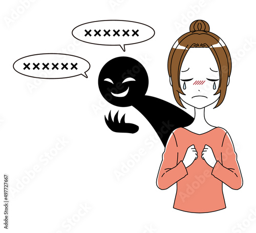 泣いている女性と黒い人影の誹謗中傷のイメージのイラスト