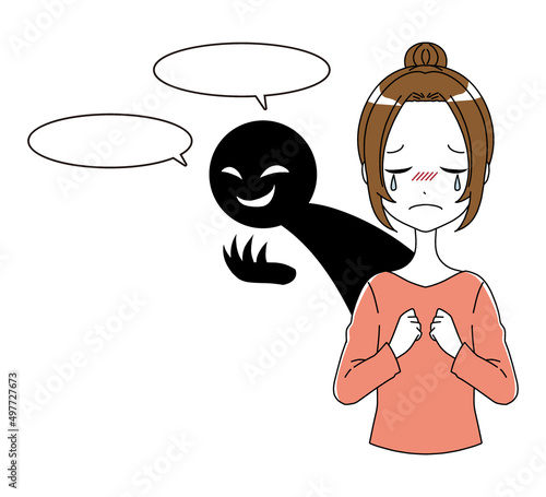泣いている女性と黒い人影の誹謗中傷のイメージのイラスト