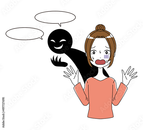 青ざめ困っている女性と黒い人影の誹謗中傷のイメージのイラスト