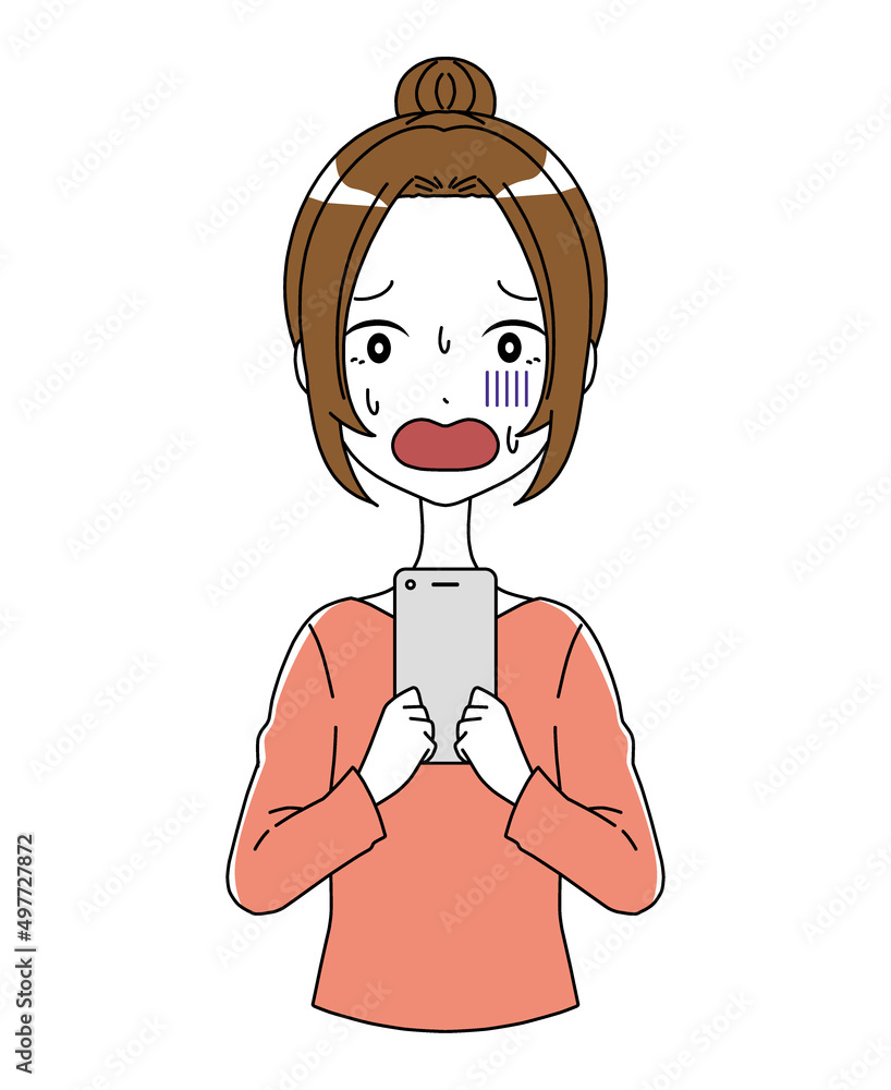 スマホを持った慌てた表情の女性のイラスト スマホを持った慌てた表情の女性のイラスト