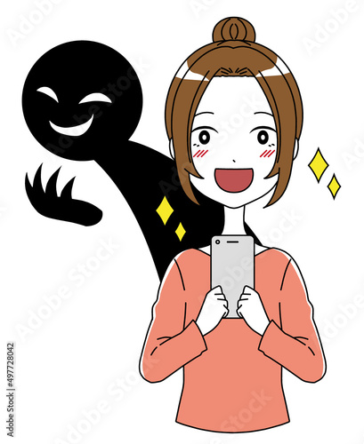 スマホを持った目を輝かせている女性と黒い人影の騙されているイメージのイラスト
