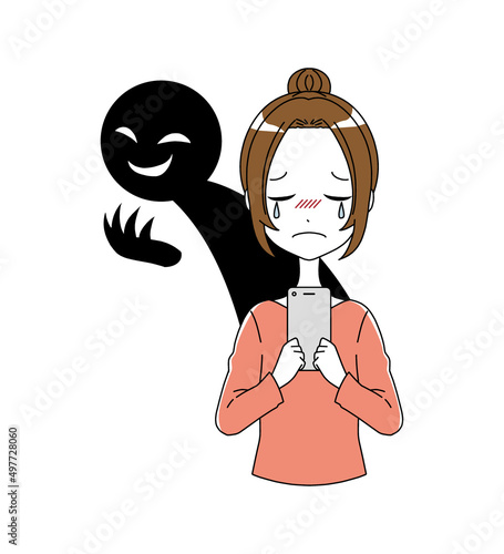スマホを持った女性と黒い人影の誹謗中傷などのイメージのイラスト