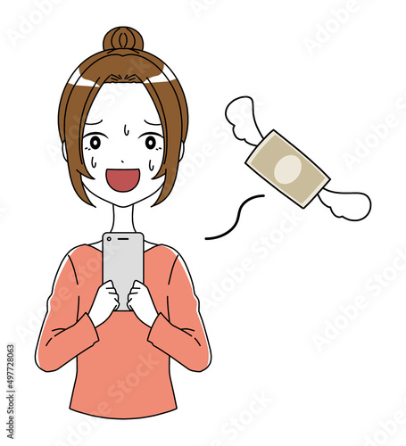 困った表情の女性と飛んでいくお金の損失イメージのイラスト