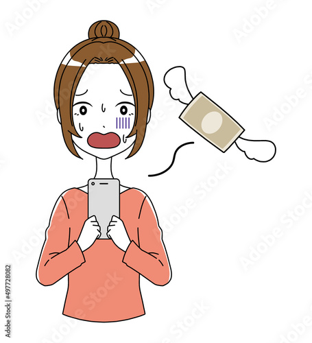 青ざめ困った表情の女性と飛んでいくお金の損失イメージのイラスト