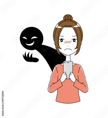 スマホを持った怒っている女性とあざ笑っている黒い人影