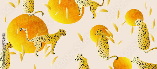 Trendy and modern wildlife pattern with leopards. Leopards and abstract shapes vector illustration design	