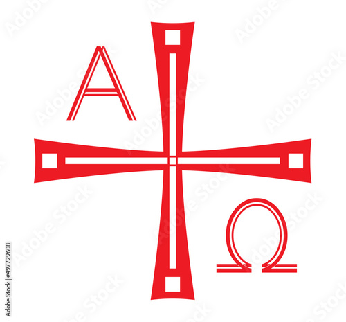 Alpha Omega Symbol in rot, Ostersymbol und Christliches Symbol, 
Vektor Illustration isoliert auf weißem Hintergrund
