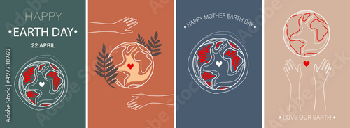 Happy Mother Earth Day Set of vector illustration with love and hands. The concept of caring for mother nature. Ecological problems and environmental protection. Caring for nature. Posters