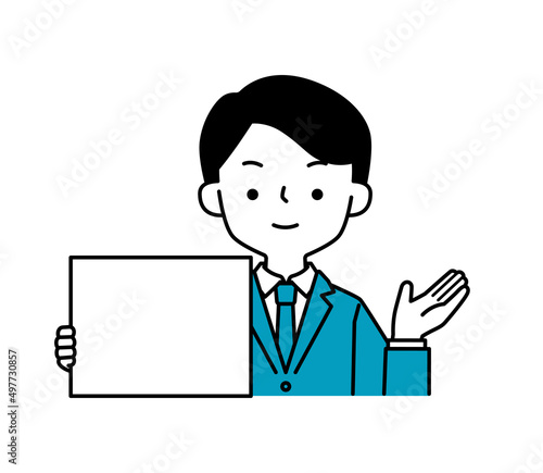 ホワイトボードを使って説明するスーツのビジネスマンのシンプルなイラスト