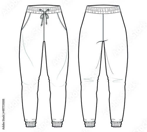 Men's Joggers, Women Joggers, Unisex Joggers Front and Back View. Fashion Illustration, Vector, CAD, Technical Drawing, Flat Drawing. photo