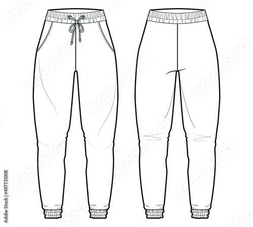 Men's Joggers, Women Joggers, Unisex Joggers Front and Back View. Fashion Illustration, Vector, CAD, Technical Drawing, Flat Drawing.