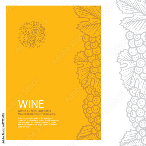 Grape and wine vintage style illustrations. Wine list design template. Wine theme cover design for brochures, posters, promotion banners, menus, book, magazine, booklet, flyer. Part of set.