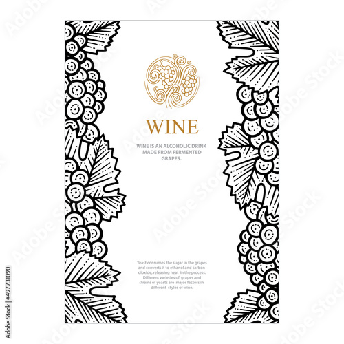 Grape and wine vintage style illustrations. Wine list design template. Wine theme cover design for brochures, posters, promotion banners, menus, book, magazine, booklet, flyer. Part of set.