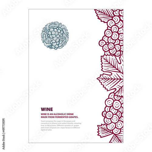 Grape and wine vintage style illustrations. Wine list design template. Wine theme cover design for brochures, posters, promotion banners, menus, book, magazine, booklet, flyer. Part of set.