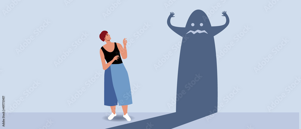 Frightened adult woman, feelings of fear, panic, sadness, Flat vector stock illustration as Concept of panic attacks, loneliness, sadness Frightened adult woman, feelings of fear, panic, sadness, Flat vector stock illustration as Concept of panic attacks, loneliness, sadness