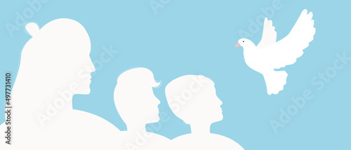 Woman and children with dove as symbol of peace, silhouette vector stock illustration as concept of peace, solidarity, freedom