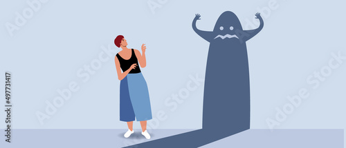 Frightened adult woman, feelings of fear, panic, sadness, Flat vector stock illustration as Concept of panic attacks, loneliness, sadness