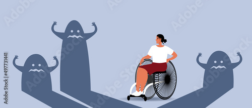 Frightened inclusive woman, sense of fear, flat vector stock illusion, concept of loneliness, fear, stress, panic attacks