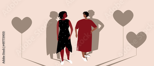LGBTQ couple and shadow of heart as concept of love, flat vectorstock illusion with women lesbian