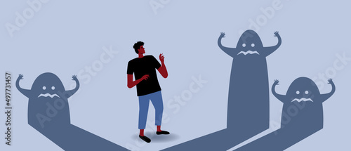 Frightened African persona as refugee, sense of fear, flat vector stock illusion, concept of loneliness, fear, stress, panic attacks