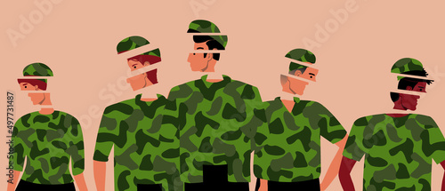 Group of people with concussion, PTSD in soldier in military uniform, flat vector stock illustration with mental disorder